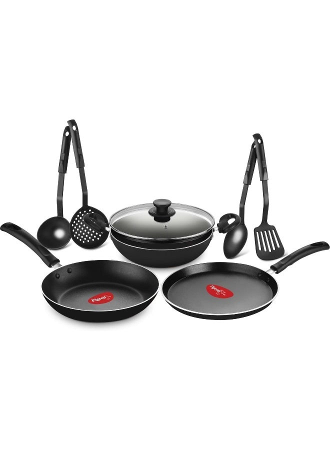 Pigeon Mio Nonstick Cookware Gift Set 8 Pieces | Aluminium | Black | Flat Tawa, Fry Pan, Kadai with Glass Lid & Kitchen Tools - Image 1